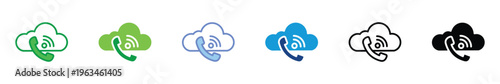 Cloud Call Communication Icon Set with Phone Receiver and Signal Waves in Outline, Filled, Glyph, and Colored Vector Styles