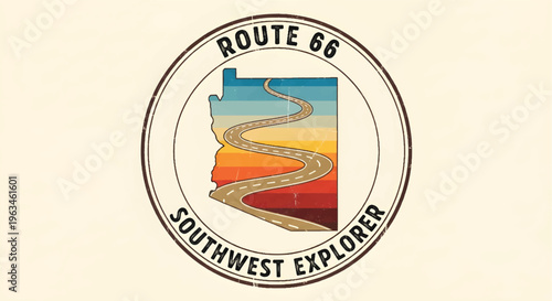 Vintage Route 66 Southwest Explorer badge vector, retro Arizona state map with winding road, nostalgic travel emblem for road trip adventure