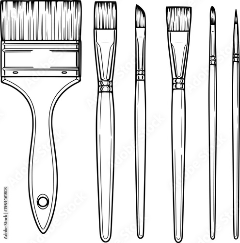 Collection of assorted paint brushes in black and white line style a white background