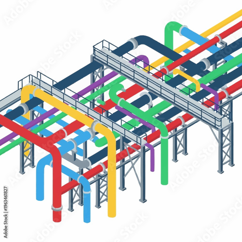 Isometric industrial pipeline system with colorful pipes and supports.