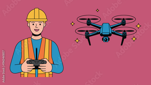 Construction worker controlling a drone with a remote controller Vector, illustration
