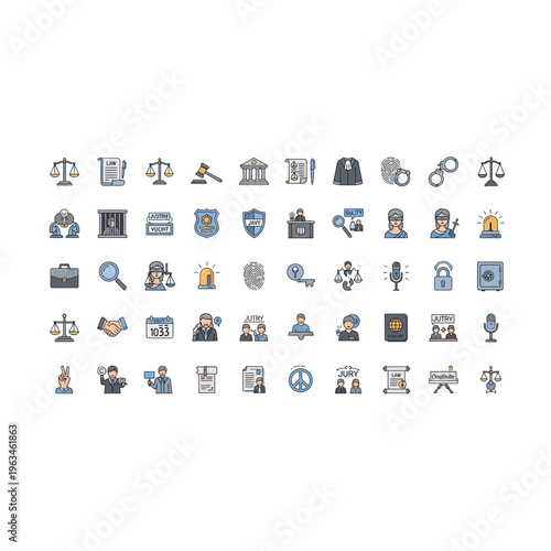 Law and justice icons set: scales, judge, court, gavel, and handcuffs