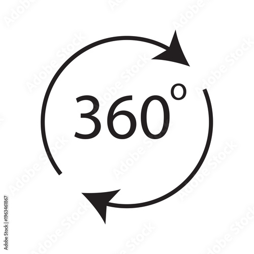 360 degrees vector icon set. Round signs with arrows rotation to 360 degrees. 360 degree complete angle or a full angle. 360 degrees logo, label, badge, symbol, banner, circle, black, line, isolated.