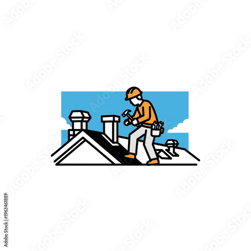 Roofer working on house roof with chimney