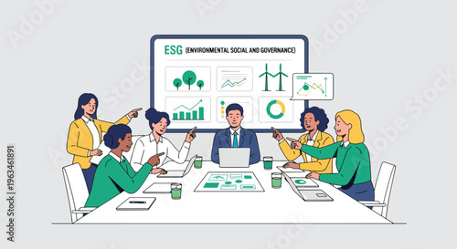 Diverse corporate team discussing environmental social and governance dashboard in meeting room vector illustration of esg strategy and reporting