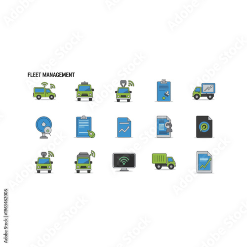 Fleet management icons set vehicles and documents vector illustration