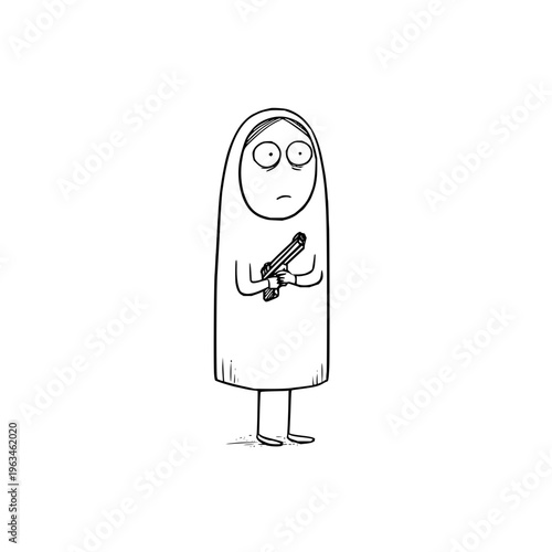 Sad cartoon woman holding a knife and fork standing alone with a melancholic expression on her face in a simple black and white illustration