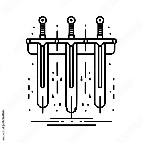 Three dripping test tubes on rack with stoppers black line art illustration on white background science concept
