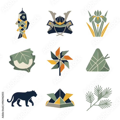 北欧風和モダンな端午の節句アイコン9種セット 白背景に孤立したミニマルな鯉のぼりと兜のイラスト こどもの日のデザインに最適な高品質素材