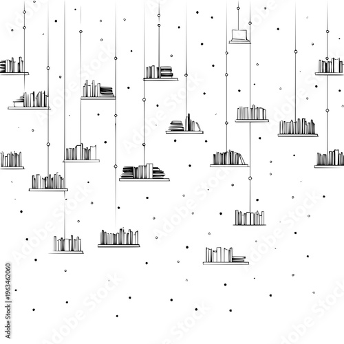 Black and white illustration of multiple bookshelves with books hanging from ceiling by strings minimalist background with small dots