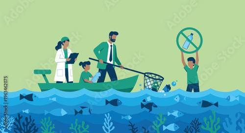 People clean plastic pollution from ocean, promoting marine conservation and discouraging single-use plastic bottles