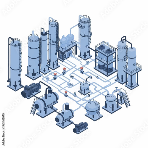 Isometric industrial plant with interconnected tanks and machinery.