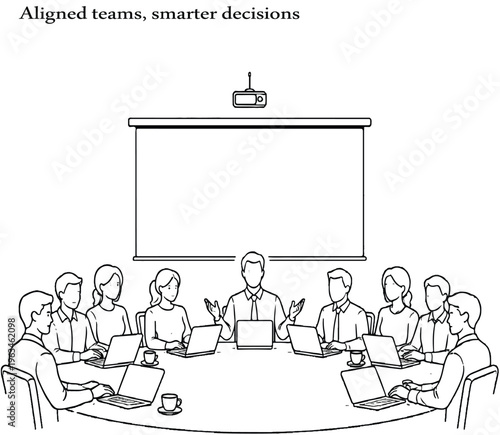 A minimal line art illustration of a team meeting around a round table, led by a central manager, with a projector screen in the background—representing structured collaboration, leadership, and moder