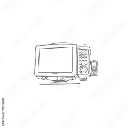 Retro crt computer monitor with speakers, black and white line drawing