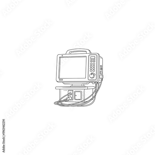 Vintage crt computer and speakers, black and white line art illustration