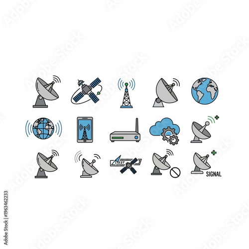 Satellite communication antenna globe icons global network vector set