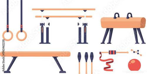 Gymnastics equipment illustration, sports training tools set, rings bars pommel horse vault bench clubs ball rope, fitness cartoon vector, athletic practice collection, flat design style