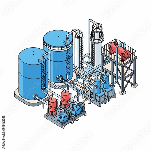 Isometric Industrial Plant with Storage Tanks and Pumping Stations.