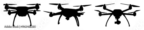 Drone set with solid black silhouette of an autonomous agricultural drone featuring multi‑spectral sensors, precision farming icon, white background with vector graphics and minimalist style