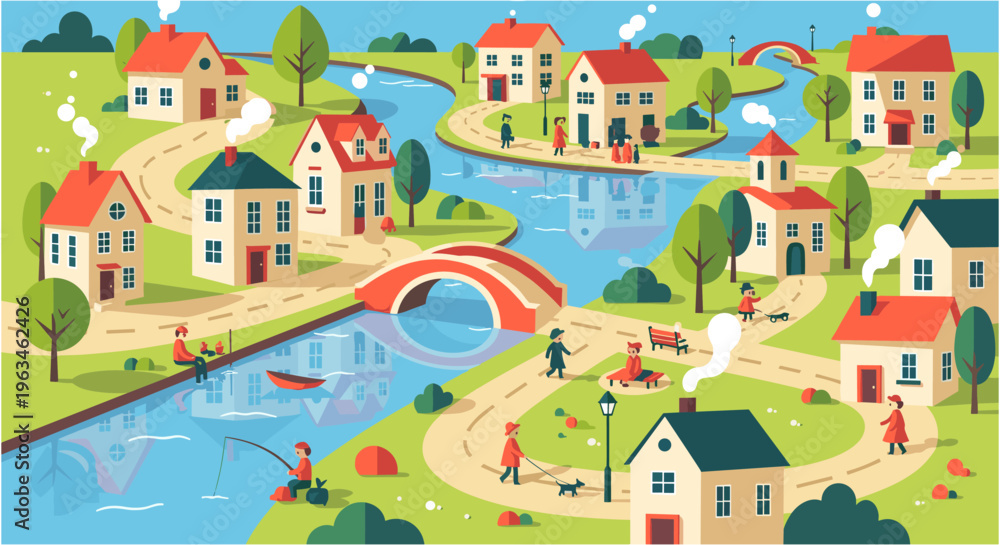 Fototapeta premium Whimsical village town with winding river and red bridge in bright sunny colorful illustration for childrens book