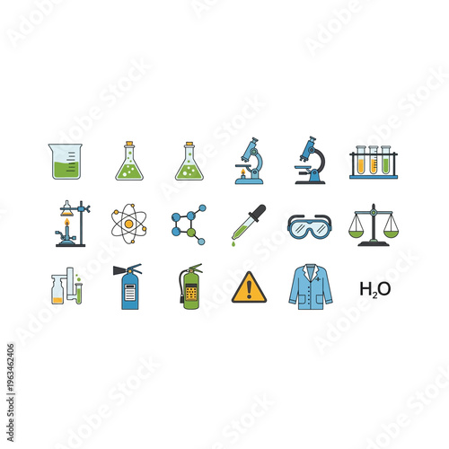 Scientific laboratory and chemistry icons set for education and research