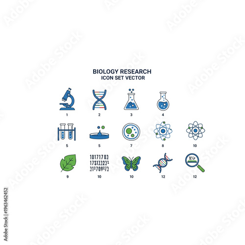 Biology research icon set vector collection for science and education graphic