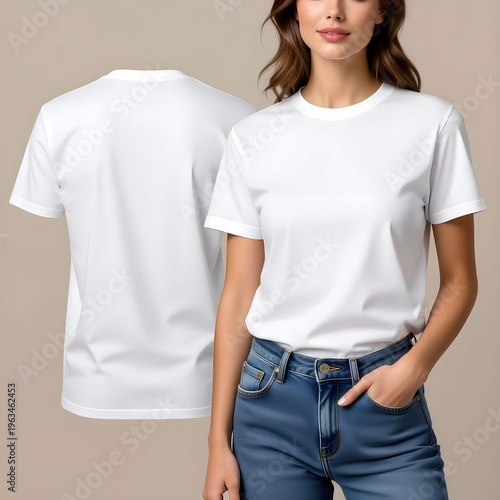 Woman wearing blank white t shirt mockup casual style