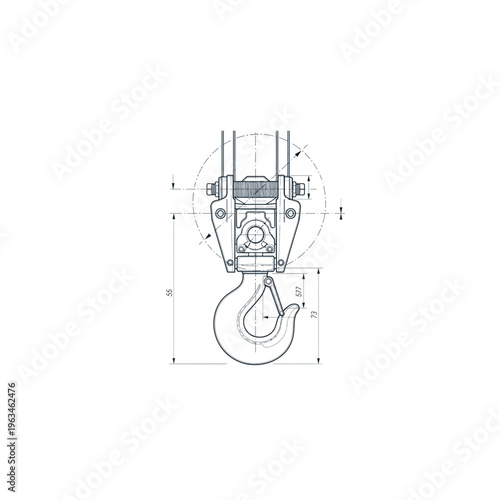 Technical hoist hook blueprint drawing with internal mechanism details