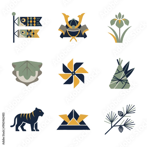 北欧風和モダンな端午の節句アイコン9種セット 白背景に孤立したミニマルな鯉のぼりと兜のイラスト こどもの日のデザインに最適な高品質素材