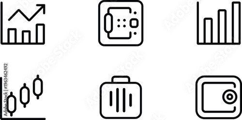 Collection of six business and finance related icons including bar charts candlestick chart safe and briefcase for digital use
