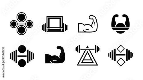 black and white fitness icons set with gym and workout symbols