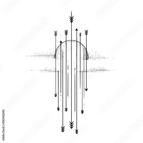 Multiple arrows with fletching pointing up and down crossing in front of a dotted archway on a white background with subtle shading