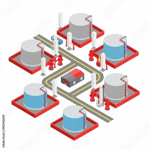 Isometric Industrial Storage Tanks and Delivery Truck Network.