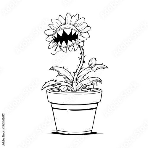 Fierce potted sunflower with sharp teeth in a black and white line art illustration symbolizing a mix of innocence and aggression in a simple pot