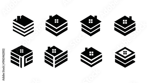 Set of Geometric House Icons with Roof and Window Details