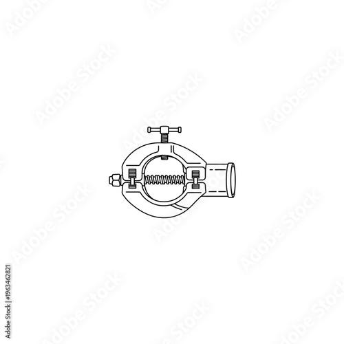 Circular industrial pipe clamp and mounting bracket technical line art illustrat