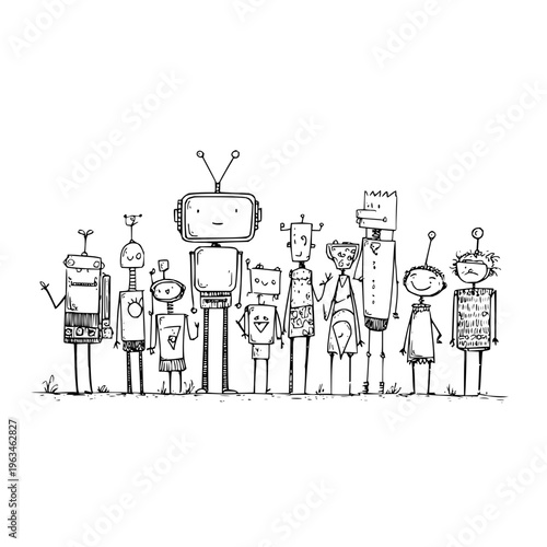 A group of diverse robots standing together in a line showcasing various designs and shapes in a simple black and white illustration style