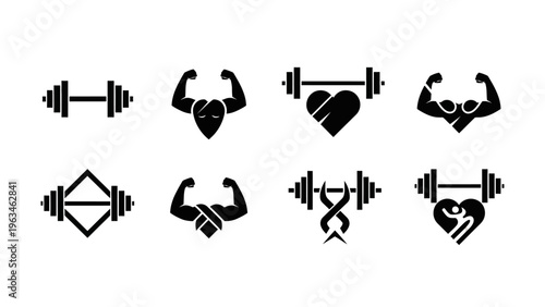 fitness icons with dumbbells and hearts