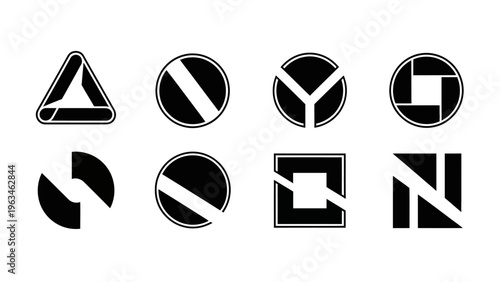 set of eight black and white traffic signs and symbols