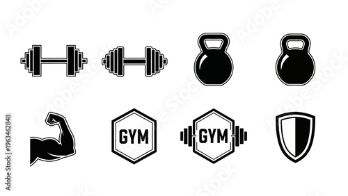 Gym fitness icons set with dumbbells and kettlebells