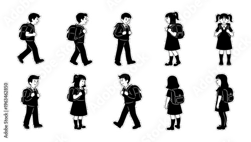 Schoolchildren Silhouette: A collection of stylized silhouettes of school children, each carrying a backpack, poised and ready to take on the day with educational ambition.