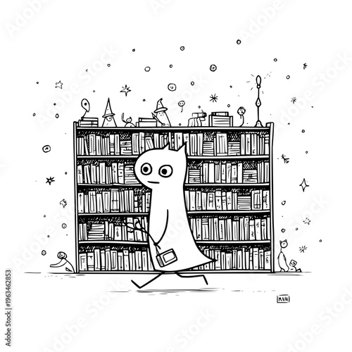 A whimsical cartoon character runs past a large bookshelf filled with books and decorative items under a starry sky