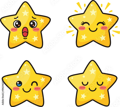 Kawaii Star Emoji Collection with Cute Faces and Expressions, Ideal for Fun, Cartoon, and Decorative Designs