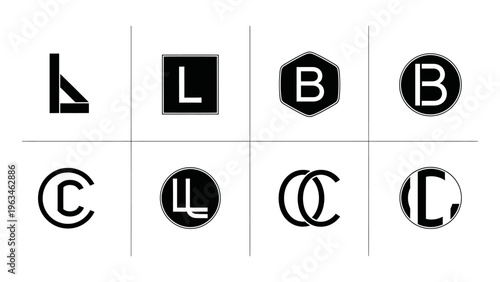 black and white logos with letters on white background