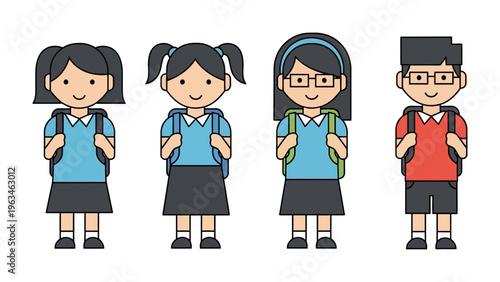 School day ahead: a group of young students, filled with anticipation and prepared for a day of learning. Capturing the spirit of education and childhood.