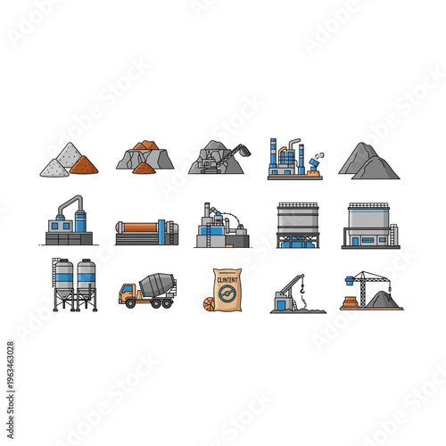 Construction industry process icons set for cement and concrete production