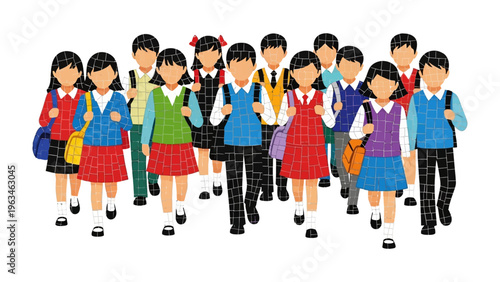 Back to School: A group of students in uniforms walking together, filled with optimism for a new school year. The students, brimming with youthful energy, ready to learn and explore.