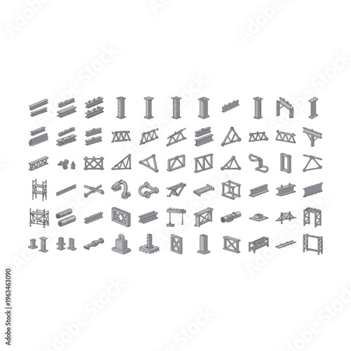 Set of isometric structural beam and construction joint line icons