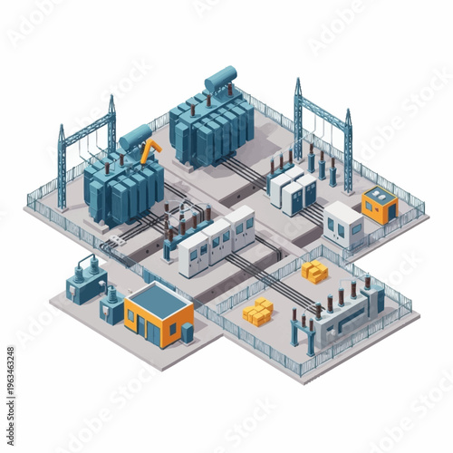 Isometric Power Substation with Transformers and Electrical Equipment.