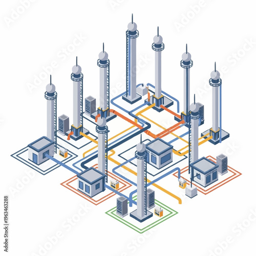 Isometric Smart City Network with Connected Buildings and Data Flow.